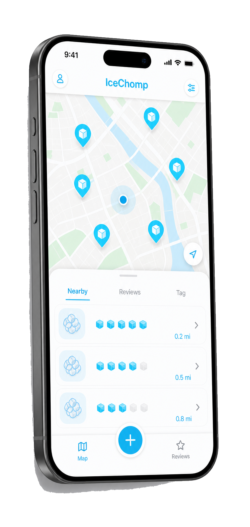 IceChomp app preview showing nugget ice map pins